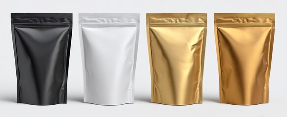 Four blank, zippered, foil-lined pouches in black, white, and gold