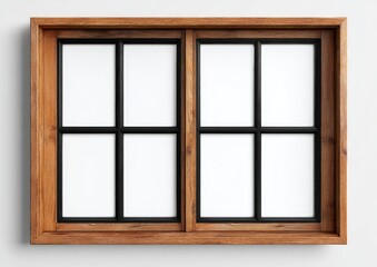 Wooden window frame with divided panes.  Dark brown wood frame, black muntins, and white panes.  Simple, classic design