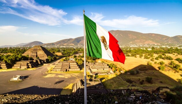 Mexico Flag Over Teotihuacan