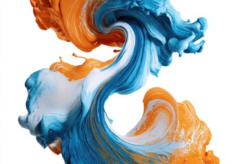 Abstract fluid paint swirls in vibrant orange and blue against a white background.  Fluid, dynamic, and textured