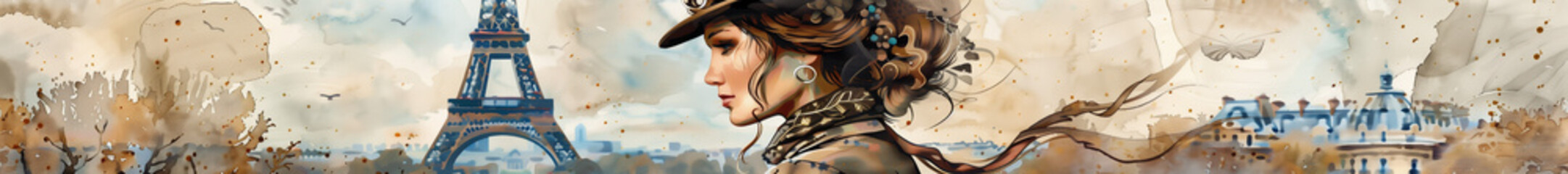 Artistic illustration of elegant woman in vintage style with Eiffel Tower in Paris