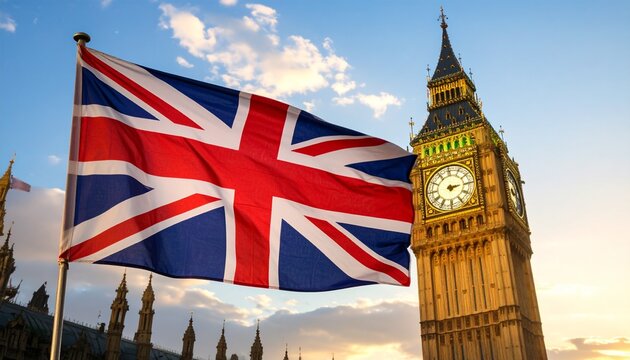 The Union Jack flag waves proudly in front of Big Ben