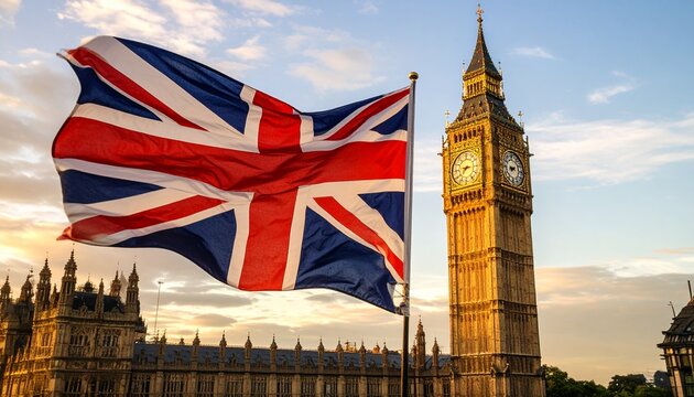 The Union Jack flag waves proudly in front of Big Ben
