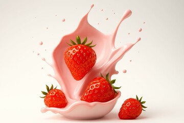 Fresh strawberries splashing into pink creamy liquid in a dynamic freeze frame action shot