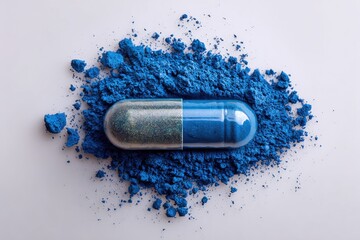 A vibrant blue capsule rests atop a bed of crushed, deep blue powder