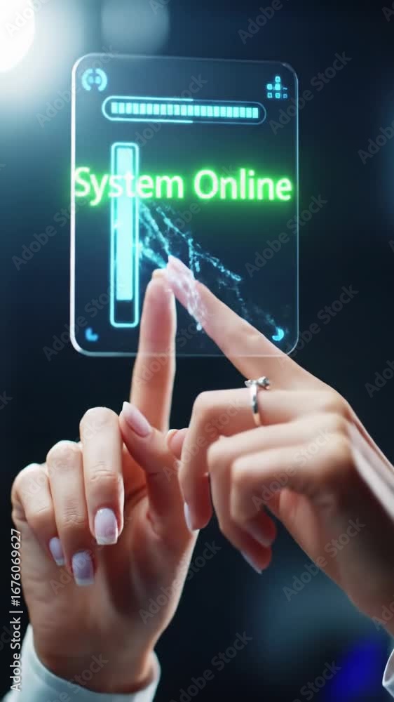 Poster clean, manicured hands interact with a transparent digital interface, luminous data flowing, progres