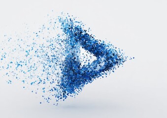 A stylized, vibrant blue play arrow, composed of tiny, fragmented cubes, dispersing outward against a white background