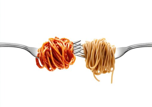 Two forks holding pasta, one with tomato sauce, one plain - Powered by Adobe