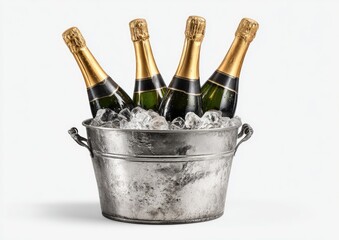 Four champagne bottles in a silver metal bucket filled with ice