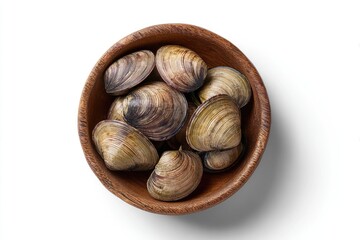 Wooden bowl filled with fresh clams