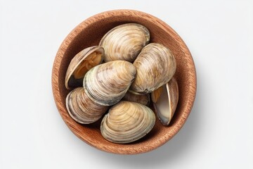 Fresh clams in a wooden bowl. Top view