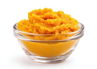 Small glass bowl filled with smooth, vibrant orange pumpkin puree