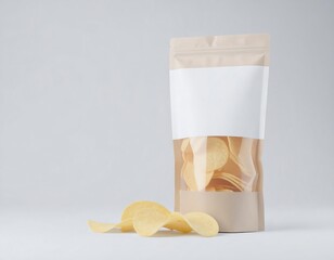 A beige snack bag filled with potato chips