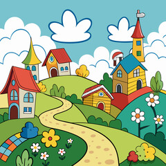 Fototapeta premium Whimsical cartoon village with winding path and colorful houses on rolling hills