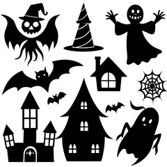 Halloween silhouette vector, Spooky silhouette vector, Ghost Vector, Spider Silhouette Vector,  Spooky halloween elements set