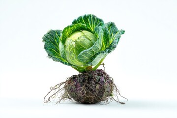Fresh green cabbage with its root system