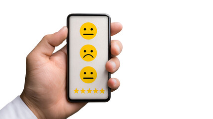Hand holding phone showing negative feedback and low star rating