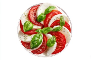 Caprese Salad in a glass bowl, with slices of fresh mozzarella and tomato arranged in a circular pattern, topped with fresh basil leaves and seasonings