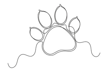 Isolated dog paw outline in continuous one line drawing minimalist art style