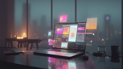 ネオンUIが浮かぶ夜のノートパソコンの机上