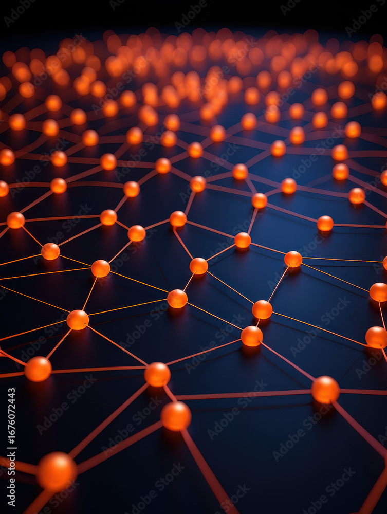 Poster orange spheres connected by lines on a dark surface creating a network or grid like structure