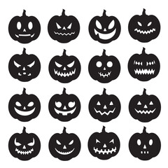 Jack-o'-lanterns pumpkins monster Halloween set collection pack bundle black shape icon silhouette vector flat illustration design on white background