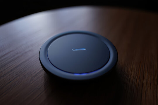 A wireless charging pad on a wooden surface with a small blue light indicating its charging status