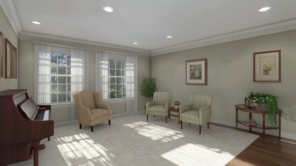 A light-filled interior living area with piano and seating.