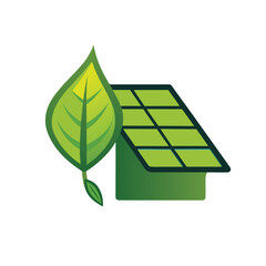 Eco-friendly solar panel roof shape with leaf outline on white background