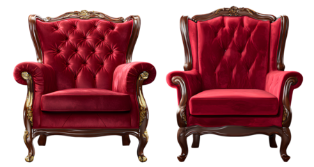  red velvet armchair set isolated on a transparent background, cutout png file with a clipping path for adobe illustrator and graphic design 