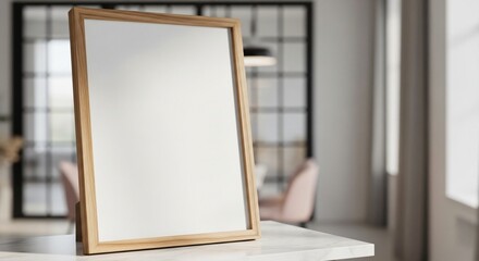 Fototapeta premium Blank Wooden Frame Mockup on Marble Table in Bright Interior Setting.