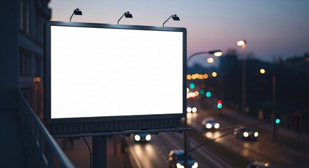 Blank billboard with a white screen for mockup overlooking a city street with blurred traffic lights at dusk.