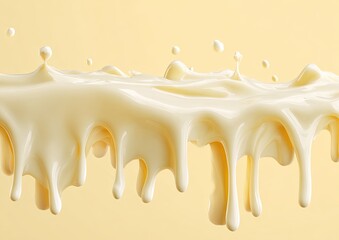 Creamy liquid streams down, light yellow background.  Splashing, dripping.  Smooth, flowing, abstract