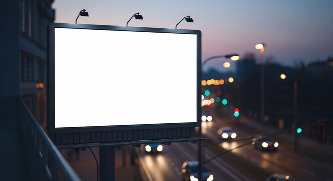 Blank billboard with a white screen for mockup overlooking a city street with blurred traffic lights at dusk.
