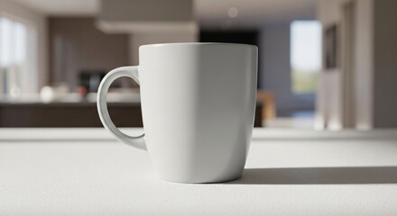 Obraz premium White Ceramic Mug on Countertop in Bright Kitchen Setting.