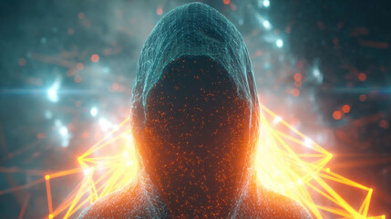 Dark hooded figure dissolving into glowing data points and neon network symbolizing anonymous cyberattacks and cybercrime activity