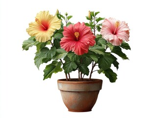Three hibiscus flowers in terracotta pot, vibrant colors