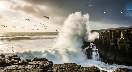 Powerful Ocean Waves Crashing Against Rocky Cliffs with Seagulls Flying.