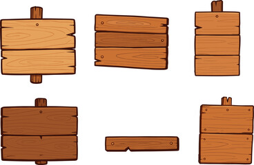 Collection of hand-drawn wooden signboards with different designs and styles, perfect for rustic, outdoor, or vintage themed graphic projects.