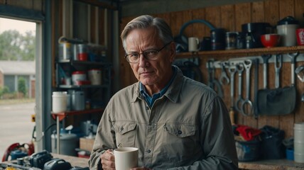 Elderly man holding a coffee cup while standing in a workshop  