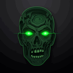 Glowing green zombie head with neon eyes on dark background
