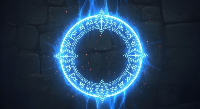 Mystical blue magic circle with ancient runes and glowing energy - Powered by Adobe