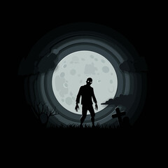 Eerie silhouette of zombie in moonlit graveyard with spooky atmosphere