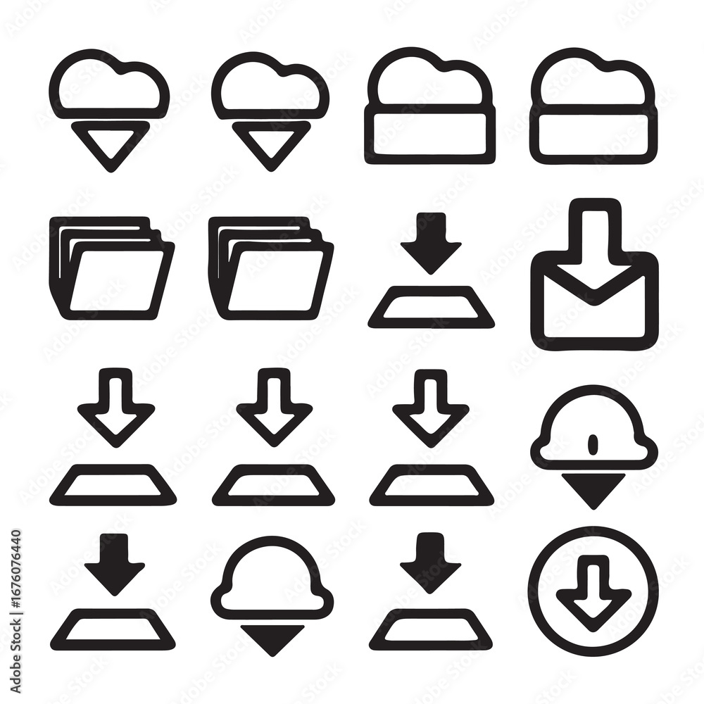 Fototapete collection of download icons isolated on white background featuring various styles and designs for w