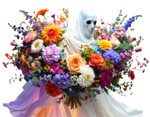 Ghost Peeking Over Large Flower Bouquet, Top-Down Perspective, Isolated PNG