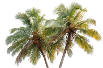 Fototapeta premium Two coconut palms against a white background. Lush green fronds and trunks, with visible coconuts, create a tropical, vibrant image