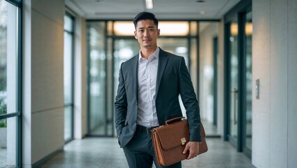 Asian man walking confidently in business suit with briefcase  