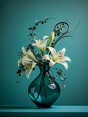 Elegant white lilies with greenery in a turquoise glass vase  