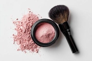 Pink blush powder in a black jar, with a matching makeup brush, scattered on a white surface