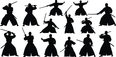 Black silhouette vector illustration of fifteen martial artists with swords in traditional stances for samurai, kendo, kenjutsu, and Japanese cultural design themes